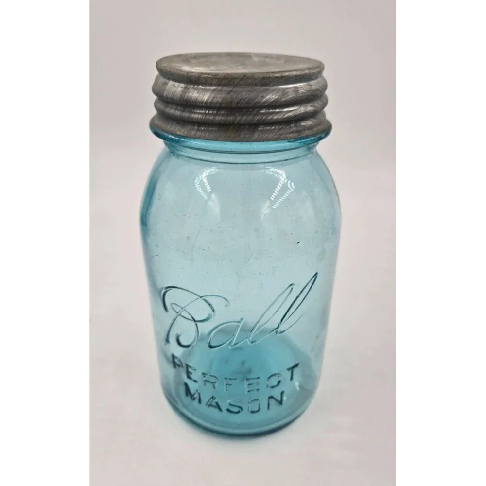 4 Vtg BALL PERFECT MASON Aqua Blue Quart Canning Jars 1910-1933